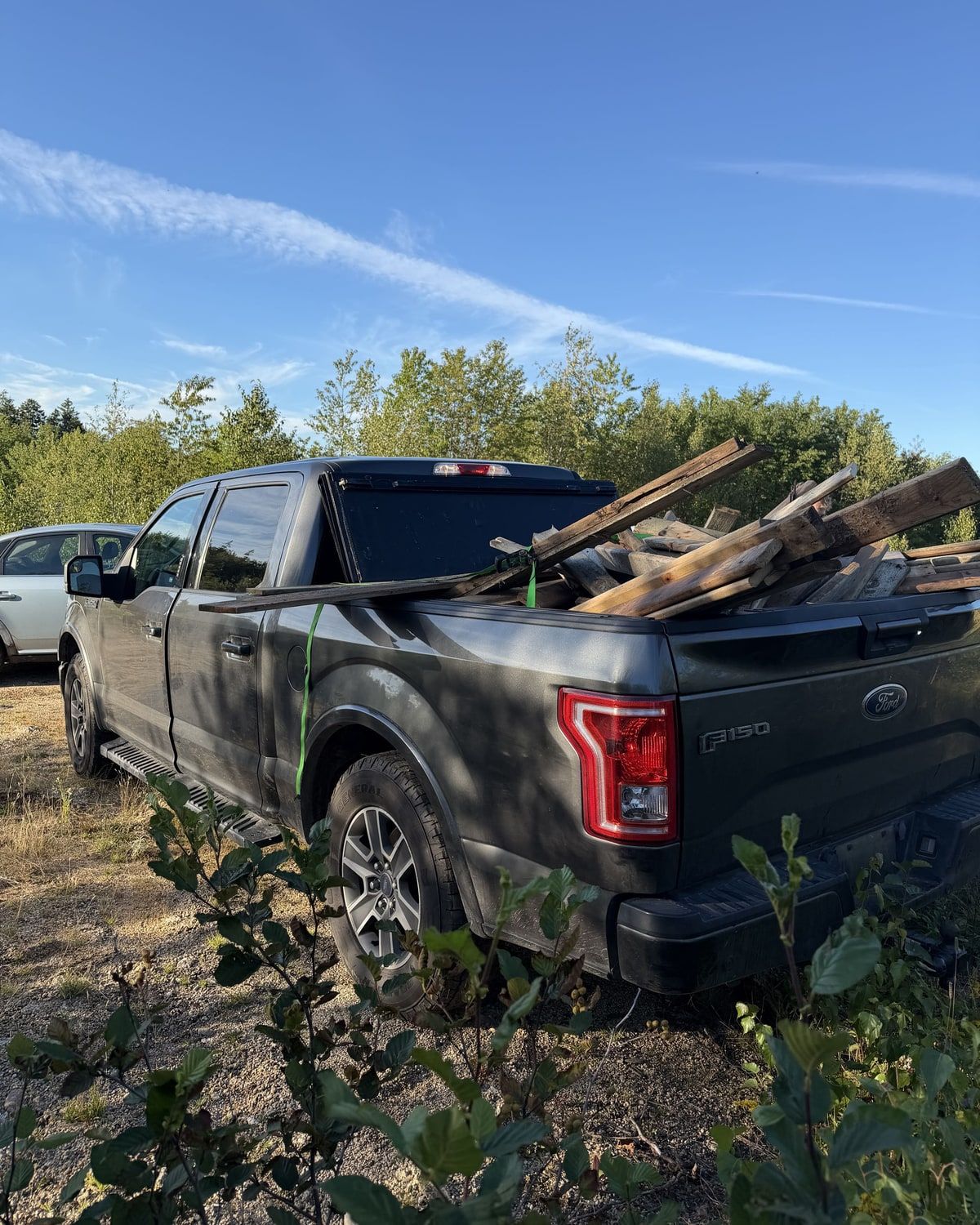 Weathered boards and timber in a pickup bed.