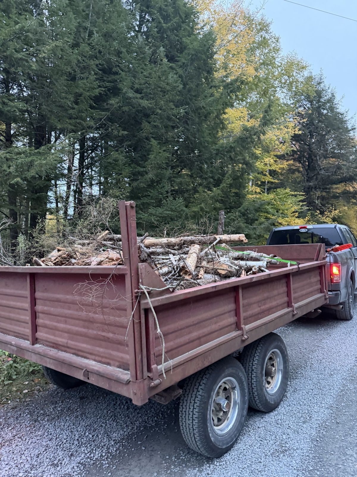 Branches and logs loaded into a trailer attached to a pickup.